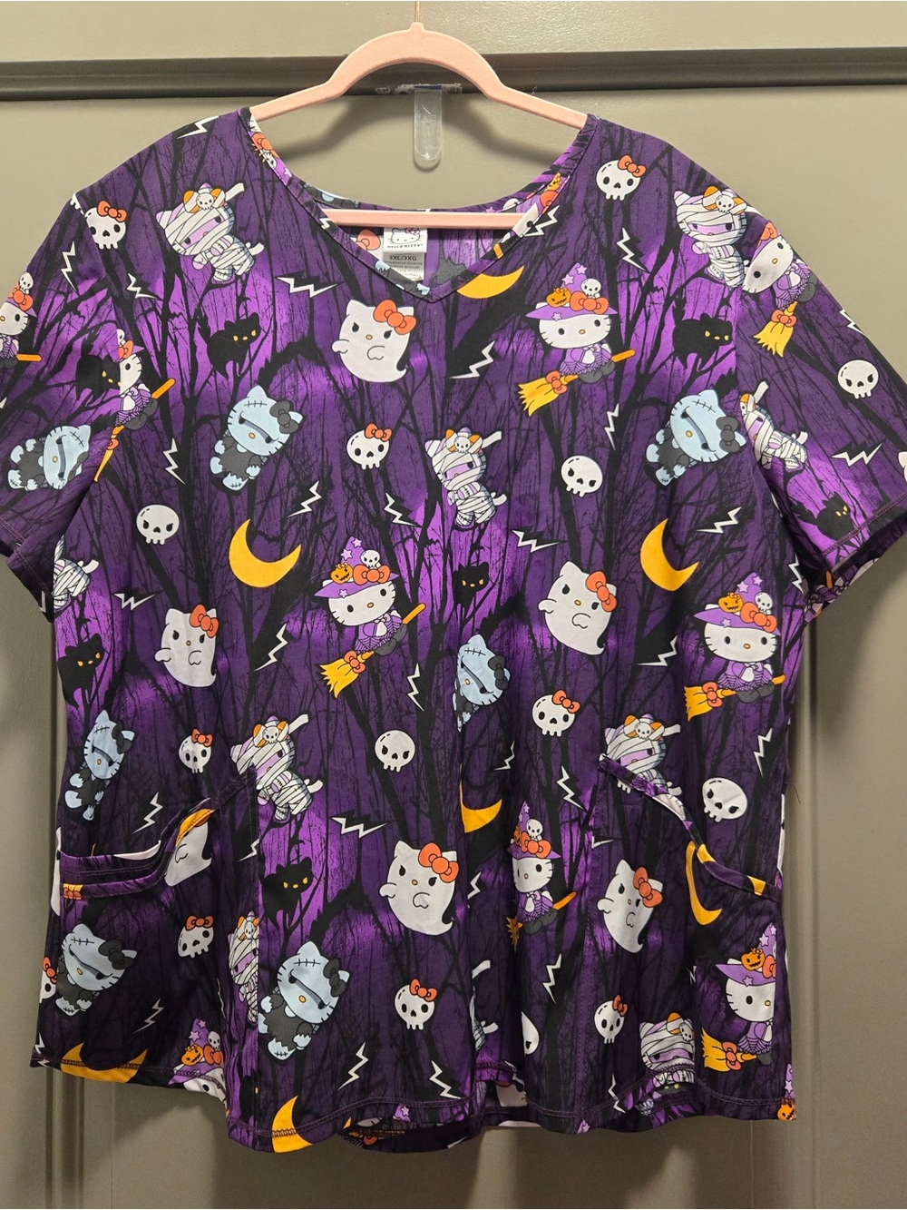 Hello Kitty Purple Halloween Print Womens Scrub Top
